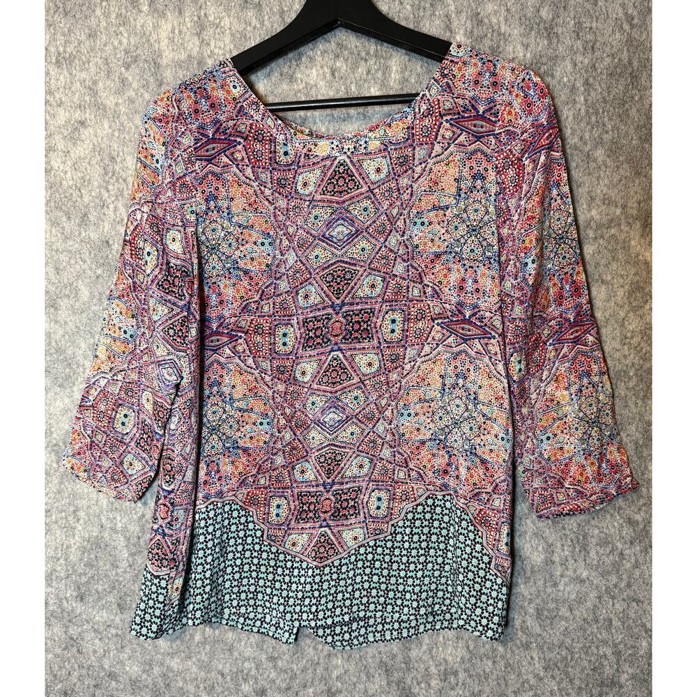 Maeve Athropologie Sydney Silk Top Womens 6 Multicolor Mosaic Print Button Back